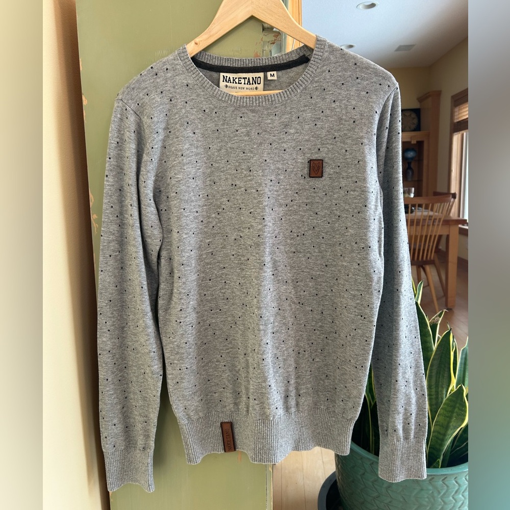 Naketano Men’s 100% Cotton Crewneck Sweater Gray w/ Navy Dots Size Medium